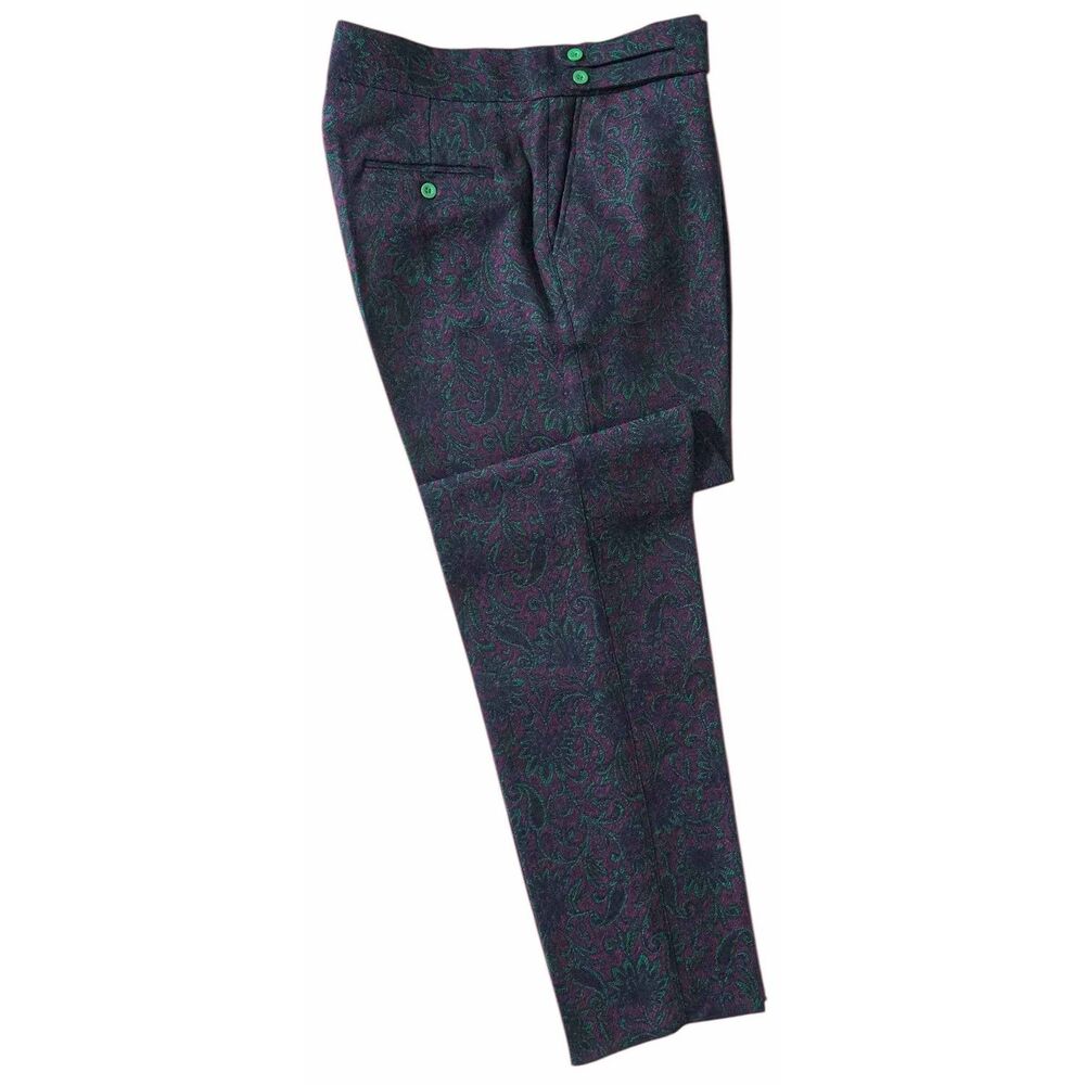Mens 36 Gurkha Pants Purple Green Paisley 100% Wool Flat Front Straight Trousers - Picture 2 of 8